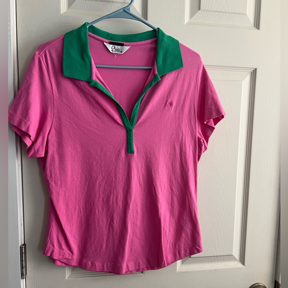 Lilly Pulitzer Pink Short Sleeve Polo with Green Collar